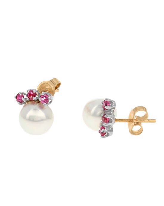Pink Rose Pearl and Ruby Accent Stud Earrings
